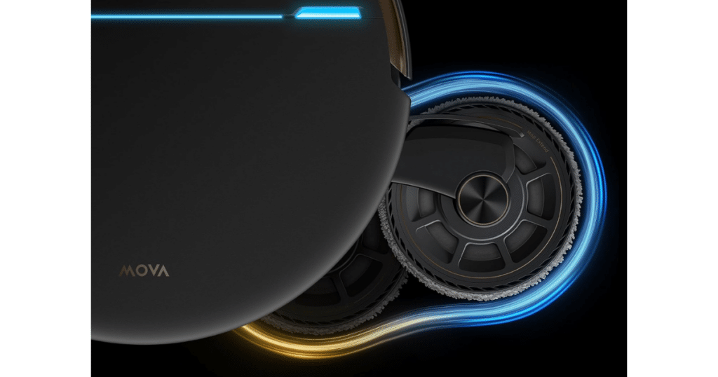 MOVA V70 Ultra Complete Maxireach | Vacuum Wars Close-up of a black curved device with a round wheel and glowing blue light trails around it (high-tech aesthetic).