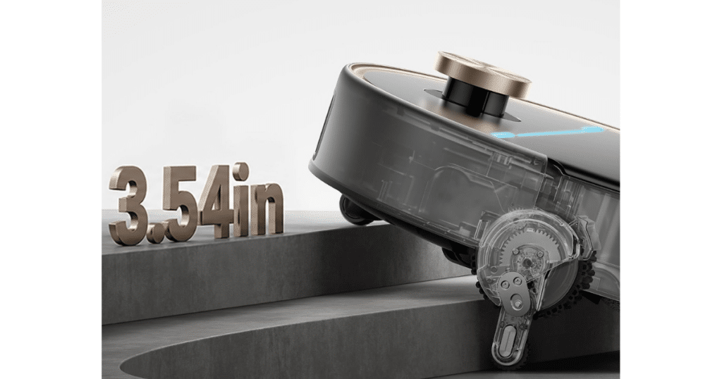 MOVA V70 Ultra Complete Threshold | Vacuum Wars MOVA V70 Ultra Complete robot vacuum uses its StepMaster 2.0 system to climb a two-stage obstacle up to 3.54 inches (9 cm) high. Image MOVA