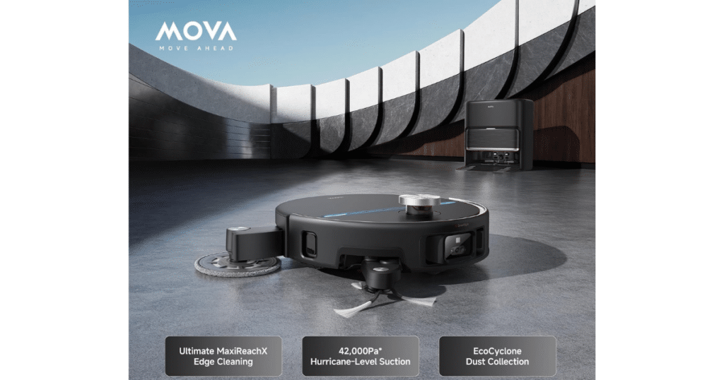 MOVA V70 Ultra Complete details | Vacuum Wars MOVA V70 Ultra Complete robot vacuum features MaxiReachX edge cleaning, 42,000Pa suction, and an EcoCyclone bagless dock