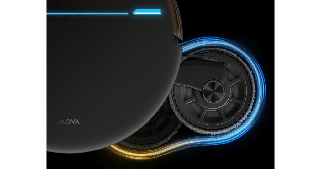 MOVA V70 Ultra max reach | Vacuum Wars MOVA V70 Ultra Complete robot vacuum extends its MaxiReachX rotating mop beyond the robot body for improved edge and under-furniture cleaning. Image MOVA