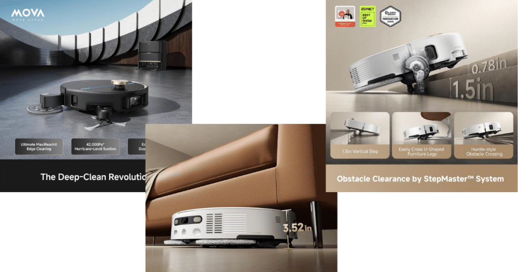 MOVA V50 Hero | Vacuum Wars | Vacuum Wars Collage of three robotic vacuums cleaning under furniture, highlighting deep-cleaning and obstacle-clearance features.