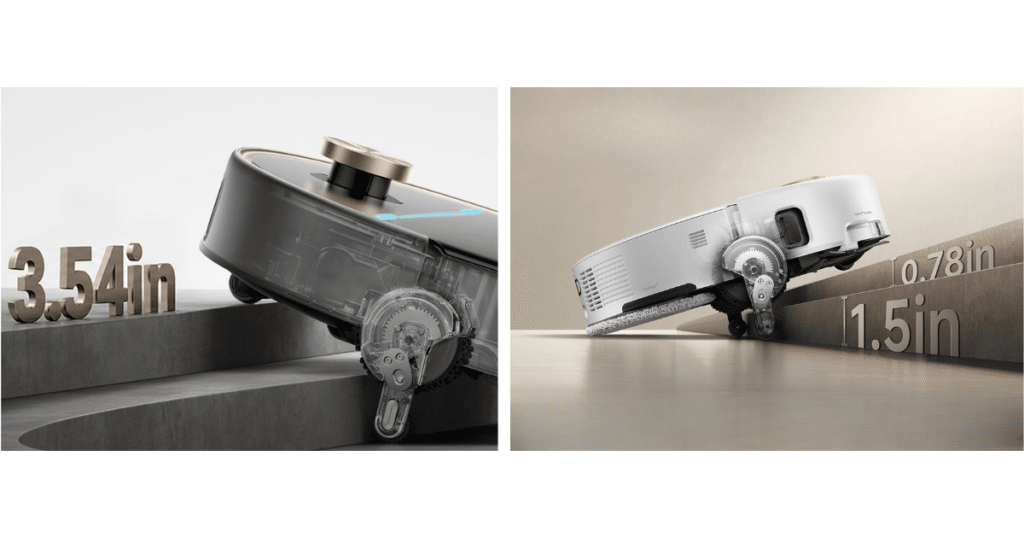 MOVA V70 V50 Ultra Complete threshold | Vacuum Wars Robot floor cleaner climbing a step, with '3.54 in' marking the height on the left image and a similar setup on the right showing other measurements like '0.78 in' and '1.5 in'