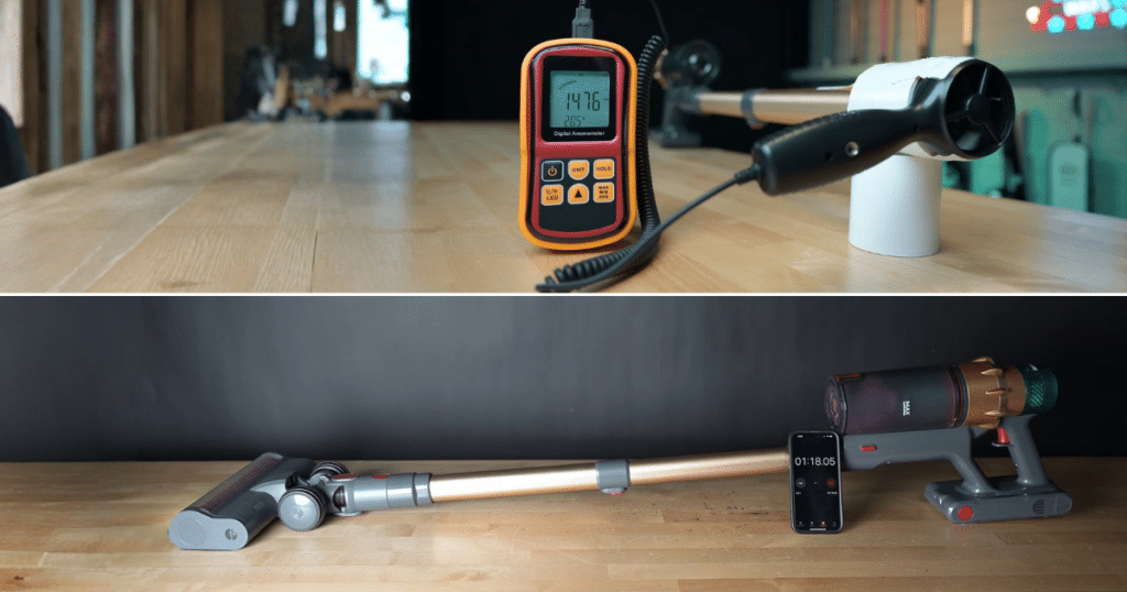 Max Battery and Wand Airflow Score Cordless Vacuum Tests at Vacuum Wars | Vacuum Wars Vacuum Wars cordless vacuum battery and airflow testing with a digital airflow meter and timed maximum-power runtime test.