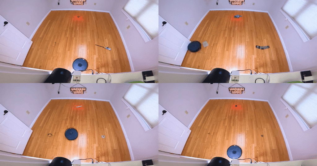 Narwal Flow 2 Home dustbin 1 | Vacuum Wars Narwal Flow 2 robot vacuum navigating around common household objects on a hardwood floor during obstacle avoidance testing.