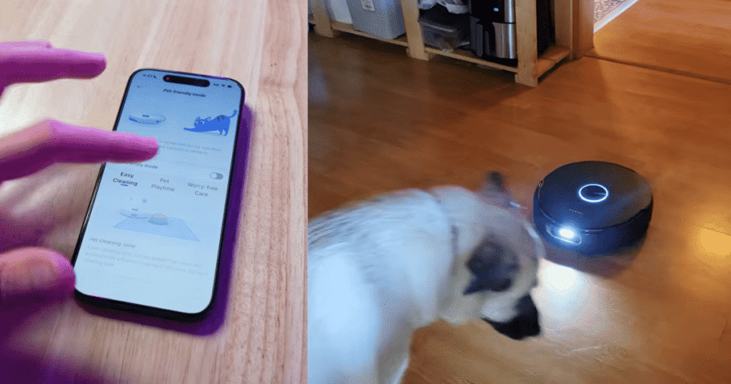 Narwal Flow 2 Home pet feature | Vacuum Wars Narwal app displaying the Flow 2 pet-friendly mode beside the robot vacuum operating near a dog on a hardwood floor.