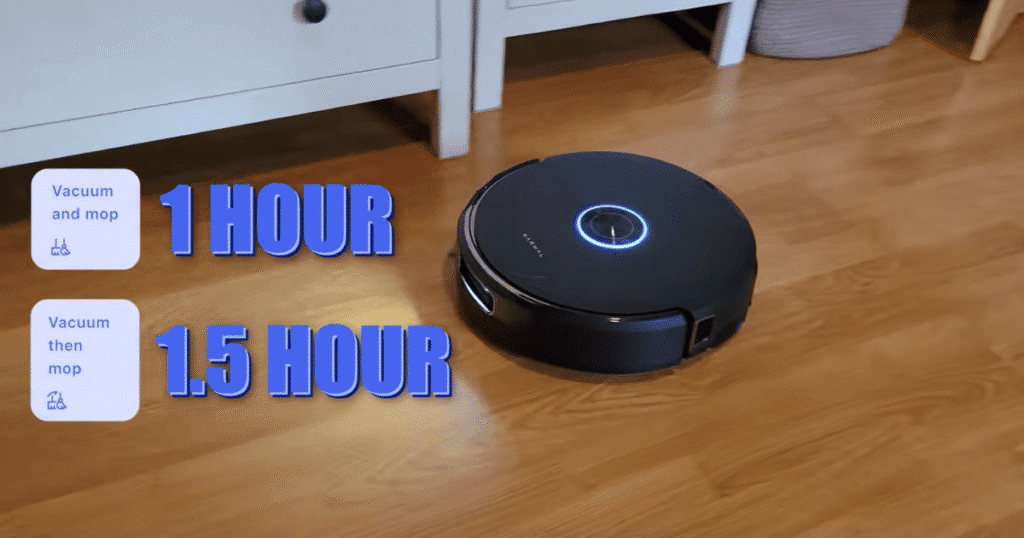 Narwal Flow 2 Home time cleaning | Vacuum Wars Narwal Flow 2 robot vacuum cleaning a hardwood floor with one-hour vacuum-and-mop and 1.5-hour vacuum-then-mop cleaning times displayed.