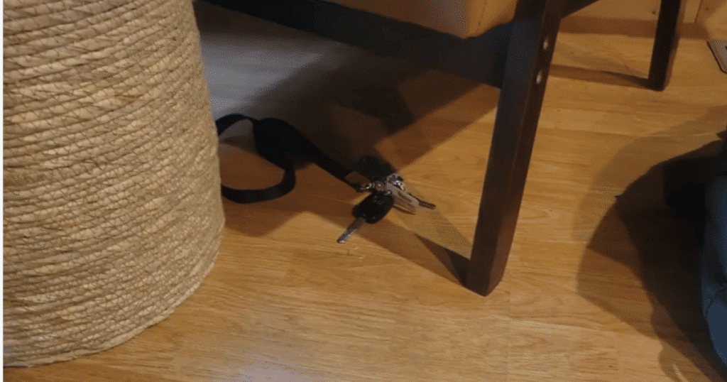 Narwal Flow 2 Home valuables | Vacuum Wars Keys and a lanyard left on a hardwood floor to test the Narwal Flow 2 robot vacuum’s AI valuables recognition feature.