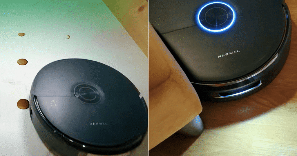 Narwal Flow 2 Home vs studio | Vacuum Wars Narwal Flow 2 robot vacuum mopping dried spills and cleaning along furniture edges during real-world home testing after a firmware update.