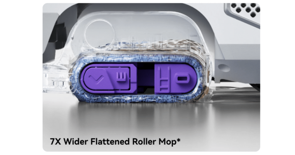 Narwal Freo 20 Robot Vacuum FlowWash Mopping system | Vacuum Wars Narwal Freo 20 FlowWash flattened roller mop with self-cleaning design and seven-times-wider mop surface.