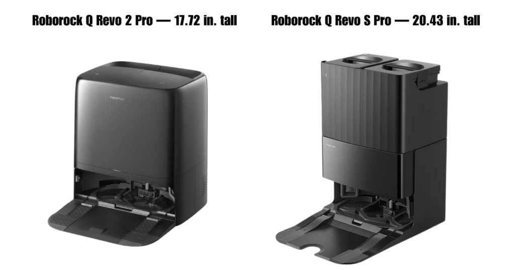 Roborock Q Revo 2 Pro Height and Dock Comparsion | Vacuum Wars Side-by-side comparison of the Roborock Q Revo 2 Pro dock, measuring 17.72 inches tall, and the taller Q Revo S Pro dock, measuring 20.43 inches tall.