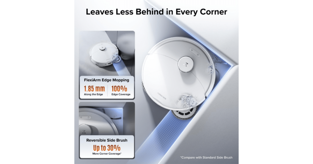 Roborock Q Revo 2 Pro Robot Vacuum Extending mop and side brush | Vacuum Wars Roborock Q Revo 2 Pro using its extending FlexiArm mop and reversible side brush to clean along walls and reach into a corner.