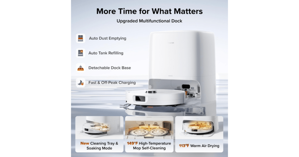 Roborock Q Revo 2 Pro Robot Vacuum Upgraded Dock | Vacuum Wars Roborock Q Revo 2 Pro with its upgraded multifunctional dock, highlighting automatic dust emptying, water-tank refilling, a detachable dock base, off-peak charging, a soaking tray, heated mop washing, and warm-air drying.