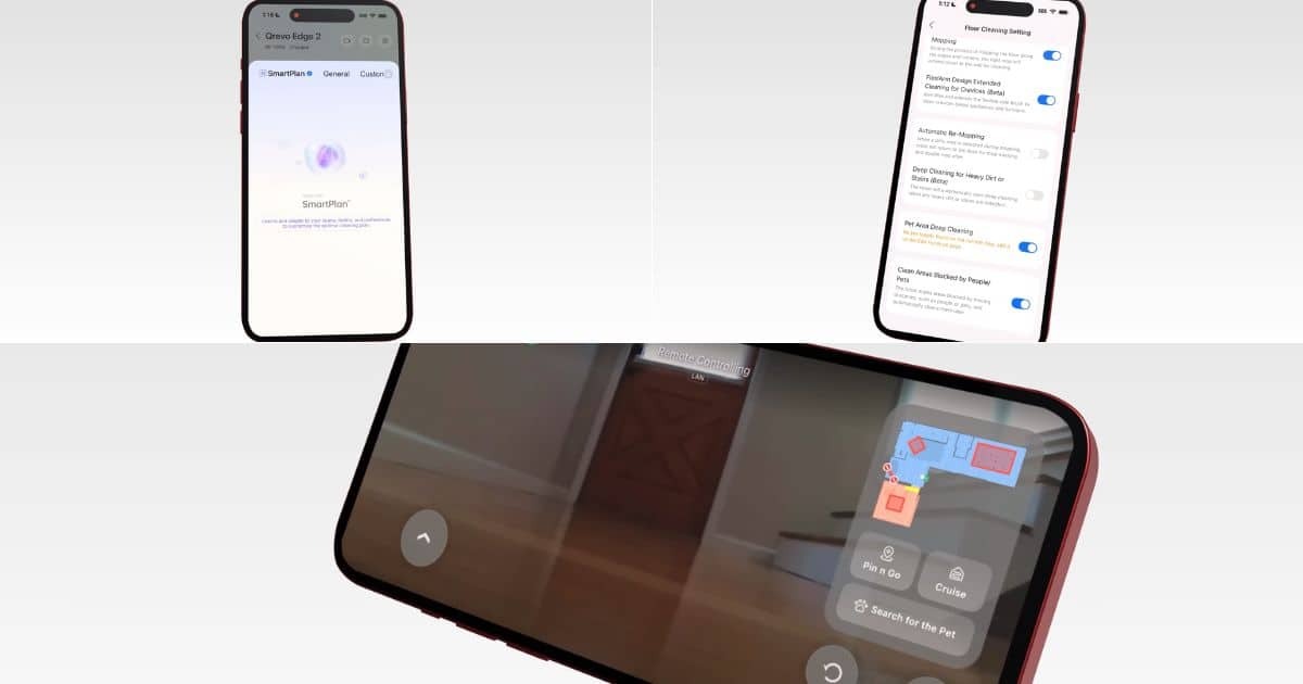 | Vacuum Wars Roborock app screens for the Qrevo Edge 2 showing SmartPlan 3.0, floor-cleaning settings, map controls, remote viewing, and pet-finding features.