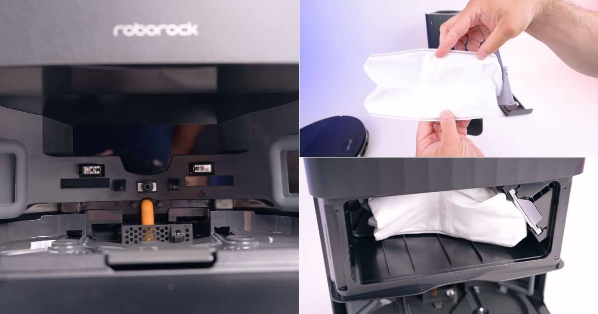 | Vacuum Wars Roborock Qrevo Edge 2 multifunction dock shown with its disposable dust bag removed and the internal bag compartment open.