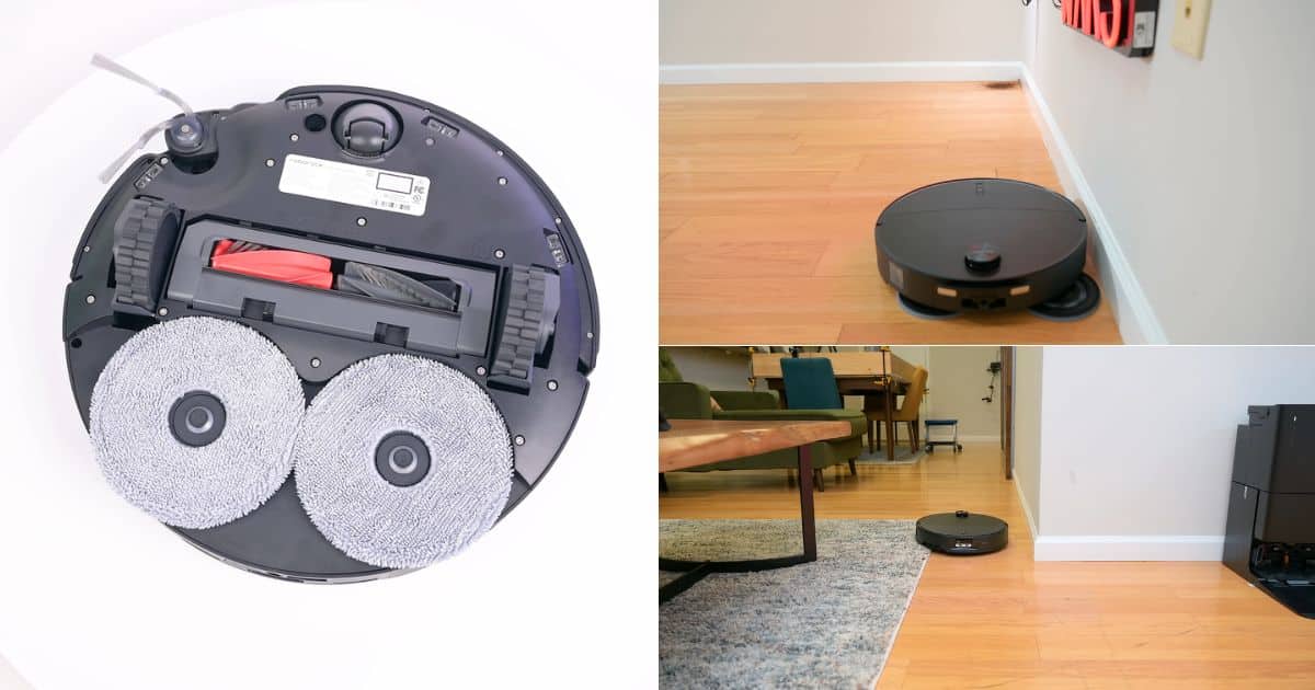| Vacuum Wars Roborock Qrevo Edge 2 underside showing dual spinning mop pads, with the robot mopping along a wall and transitioning between hard flooring and carpet.