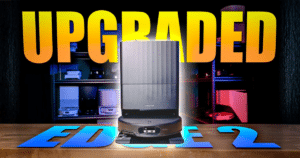 Graphic for the Roborock Qrevo Edge 2 Review at Vacuum Wars, showing the Edge 2 robot vacuum and dock with large “UPGRADED” and “EDGE 2” text in the background.