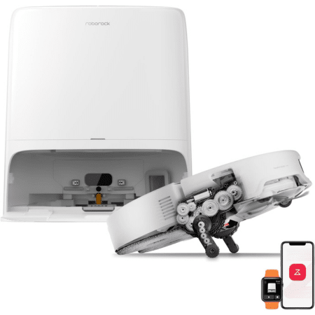 Roborock Qrevo Edge 3 Pro 450x450 | Vacuum Wars White automatic laundry folding machine with its folding arm extended, exposing the folding mechanism; a smartphone and smartwatch show a connected app.