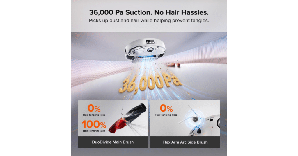 Roborock Qrevo Edge 3 Pro showing 36,000 Pa suction and its DuoDivide main brush and FlexiArm Arc side brush anti-tangle system.