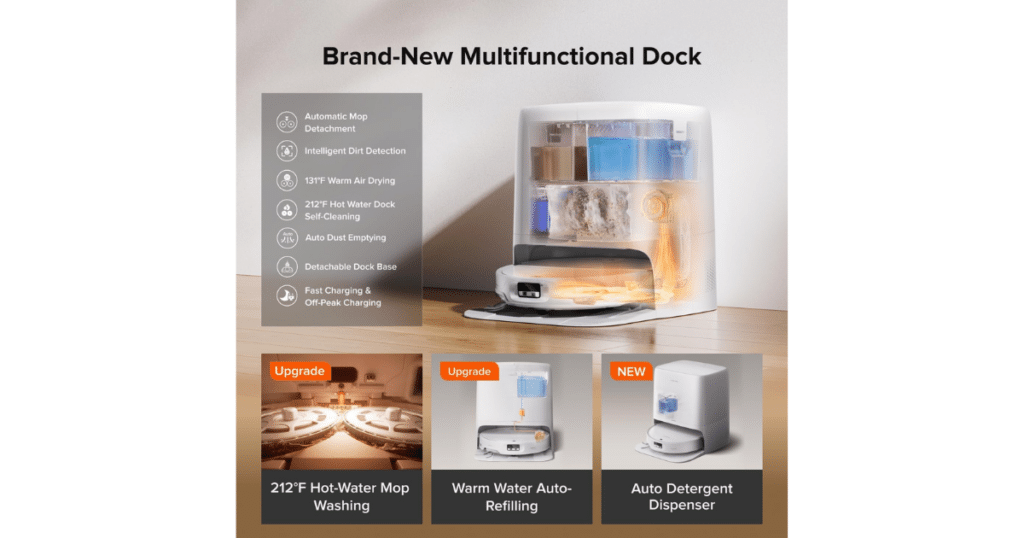 Roborock Qrevo Edge 3 Pro multifunctional dock with hot-water mop washing, warm-air drying, auto-emptying, detergent dispensing, and self-cleaning.