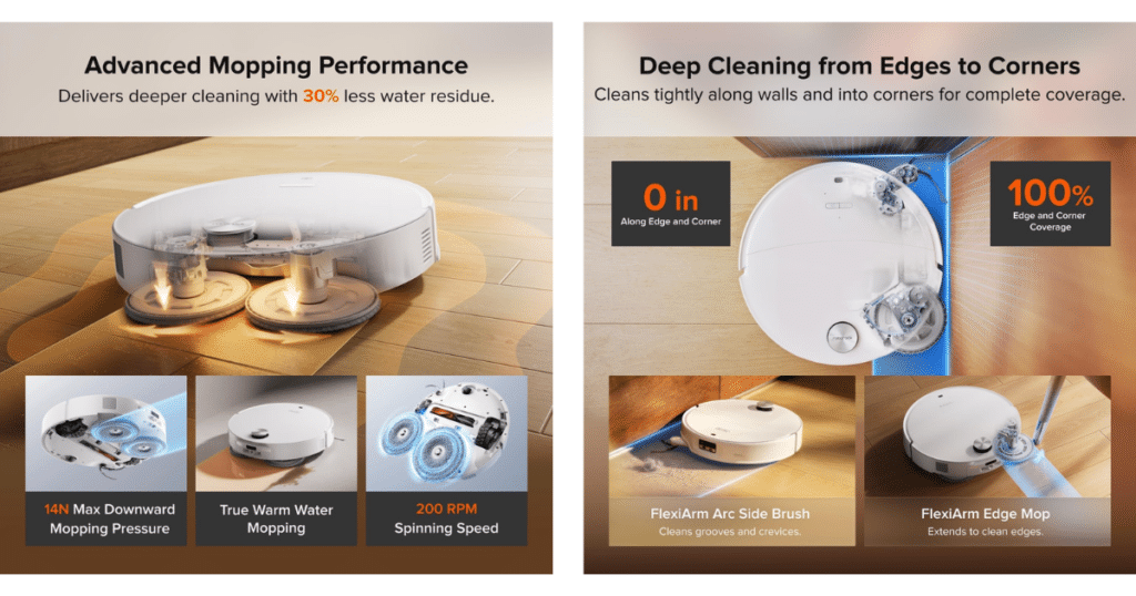 Roborock Qrevo Edge 3 Pro dual spinning mop pads and FlexiArm technology for mopping along walls, edges, and corners.