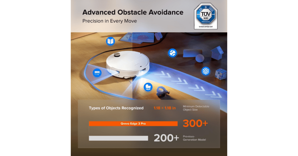 Roborock Qrevo Edge 3 Pro using Reactive AI obstacle avoidance to detect and navigate around common household objects.