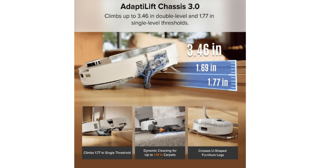 Roborock Qrevo Edge 3 Pro using its AdaptiLift Chassis 3.0 to cross raised thresholds and navigate furniture and thick carpet.