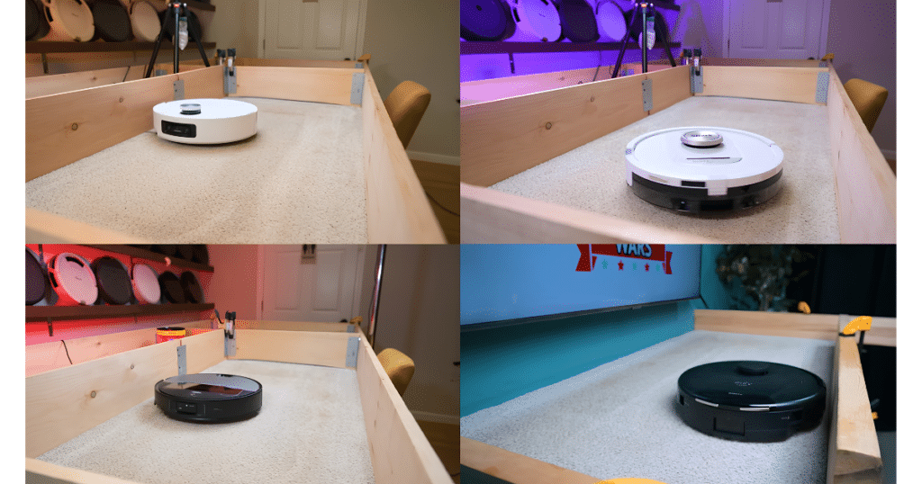 Robot Vacuum Carpet Deep Cleaning Tests and Vacuum Wars | Vacuum Wars Four robot vacuums undergoing Vacuum Wars’ deep-carpet cleaning test on sand-embedded carpet.