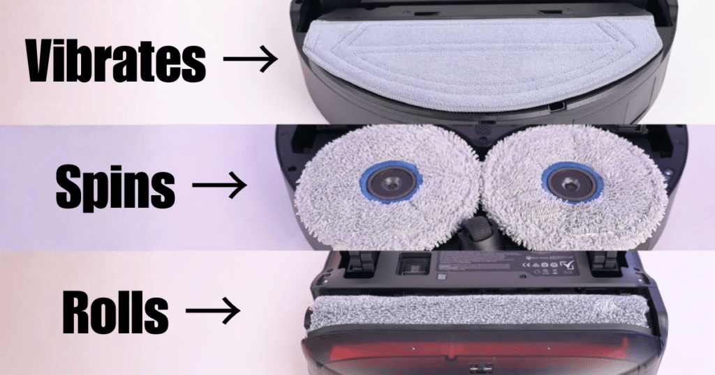 Robot Vacuum Mop Pads at Vacuum Wars 1 | Vacuum Wars showing the undersides of robot vacuums with flat mop pads, dual spinning pads, vibrating mop plates, and roller-style mopping systems.