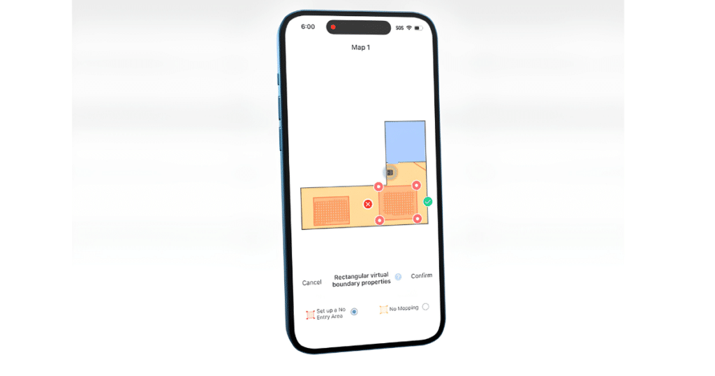 Robot Vacuums No Go Zones App | Vacuum Wars Smartphone displaying a robot vacuum map with an app-based rectangular no-go zone drawn around a restricted area.
