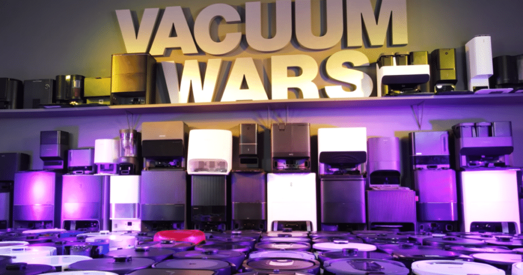Robot Vacuums at the Vacuum Wars Studio | Vacuum Wars Vacuum Wars testing studio filled with robot vacuums and multifunctional docks arranged beneath the illuminated Vacuum Wars sign.