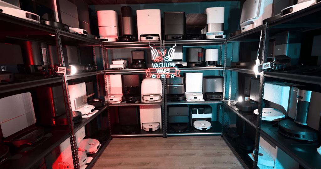 Robot Vacuums with Dock Stations at Vacuum Wars | Vacuum Wars Vacuum Wars testing studio displaying a wide range of robot vacuum base stations, including self-emptying docks and multifunctional stations with mop-washing systems.