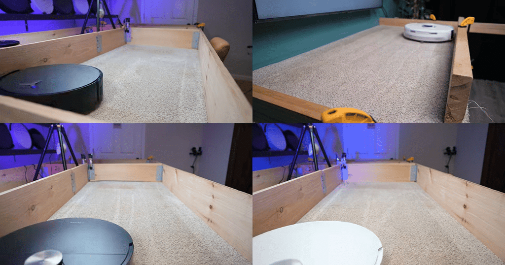 Robot buyer guide carpet | Vacuum Wars Robot vacuums undergoing carpet deep-clean testing on medium-pile carpet in the Vacuum Wars studio.