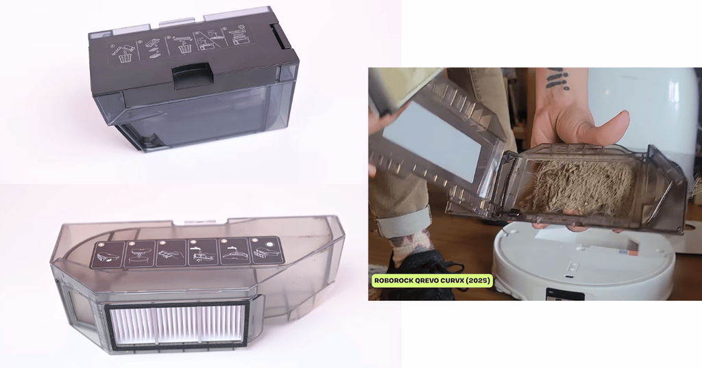 Robot buyer guide dustbin | Vacuum Wars Robot vacuum onboard dustbins shown empty and filled with pet hair and debris during Vacuum Wars testing.