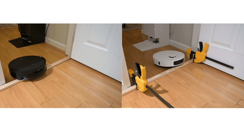 Robot buyer guide threshold | Vacuum Wars Robot vacuums crossing raised single-tier thresholds during Vacuum Wars threshold-climbing tests.