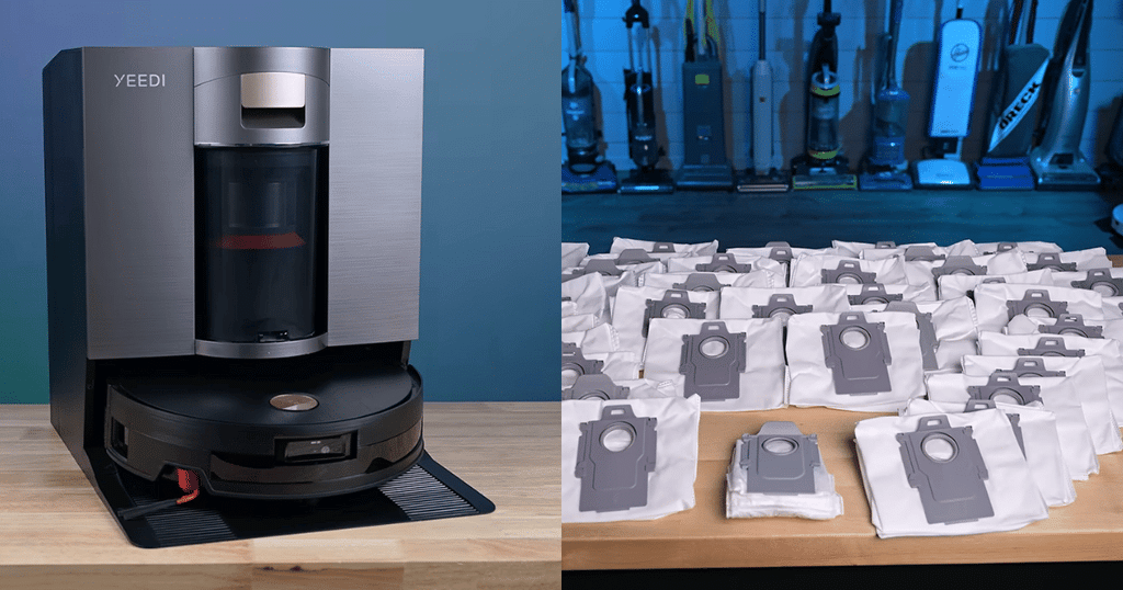 Robot buyer guide yeedi s20 infinity and bags | Vacuum Wars agless Yeedi robot vacuum auto-empty dock beside a collection of disposable dust bags used by other self-emptying stations.