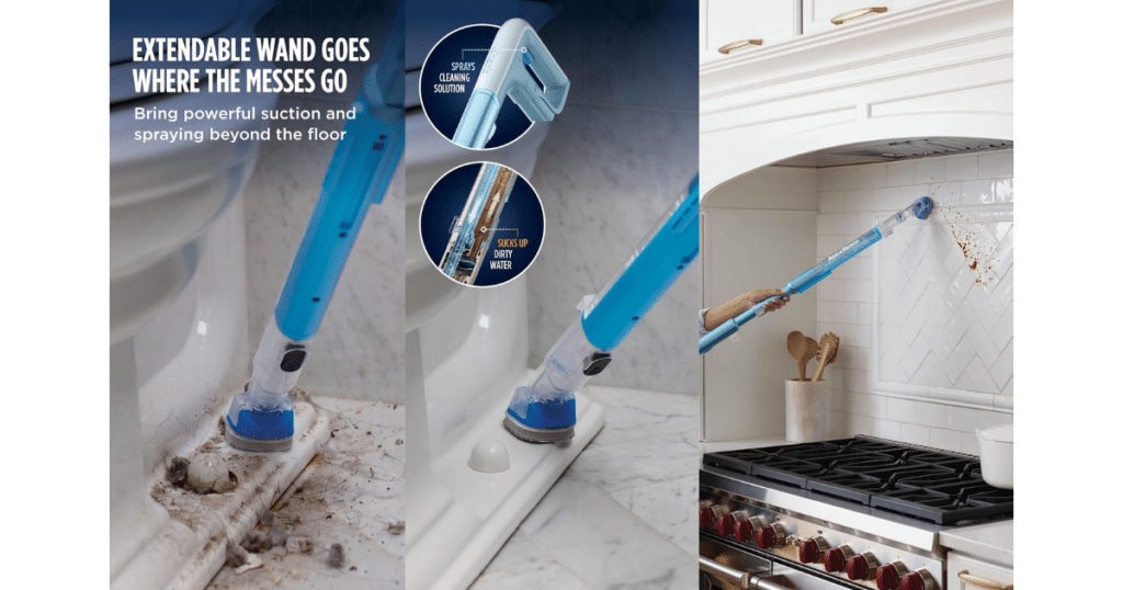 Shark AquaReach Extending Wand | Vacuum Wars Shark AquaReach WD551 extendable wand and Stain Scrubber Tool cleaning tight corners, a bathtub edge, and a tiled wall above a stove.
