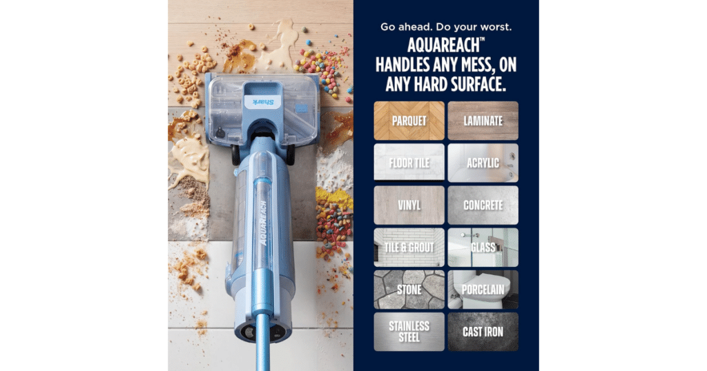 Shark AquaReach Hard Floor and Surface Cleaner | Vacuum Wars Shark AquaReach WD551 vacuum mop cleaning mixed wet and dry debris beside a chart of compatible hard surfaces.