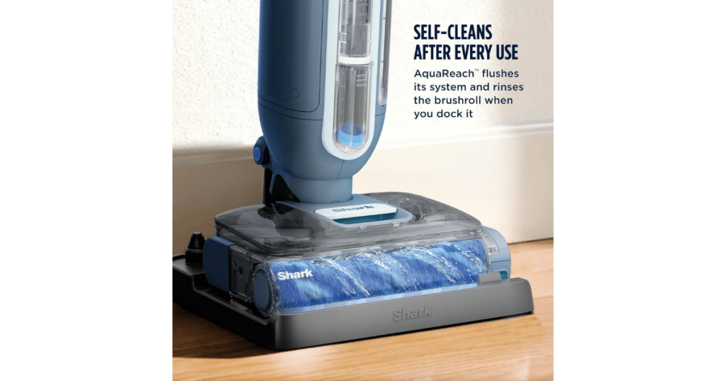 Shark AquaReach Self Cleaning | Vacuum Wars Shark AquaReach WD551 on its charging dock during the automatic self-cleaning rinse cycle.
