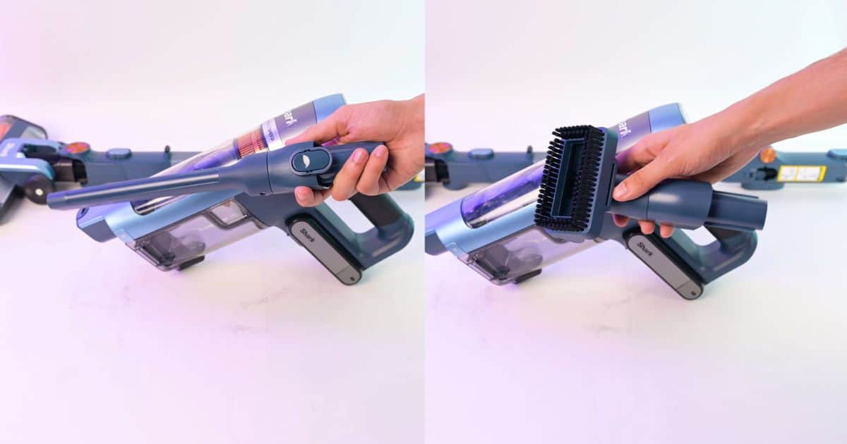 | Vacuum Wars Shark PowerDetect Speed cordless vacuum shown in handheld mode with the crevice tool and pet multi-tool attached.