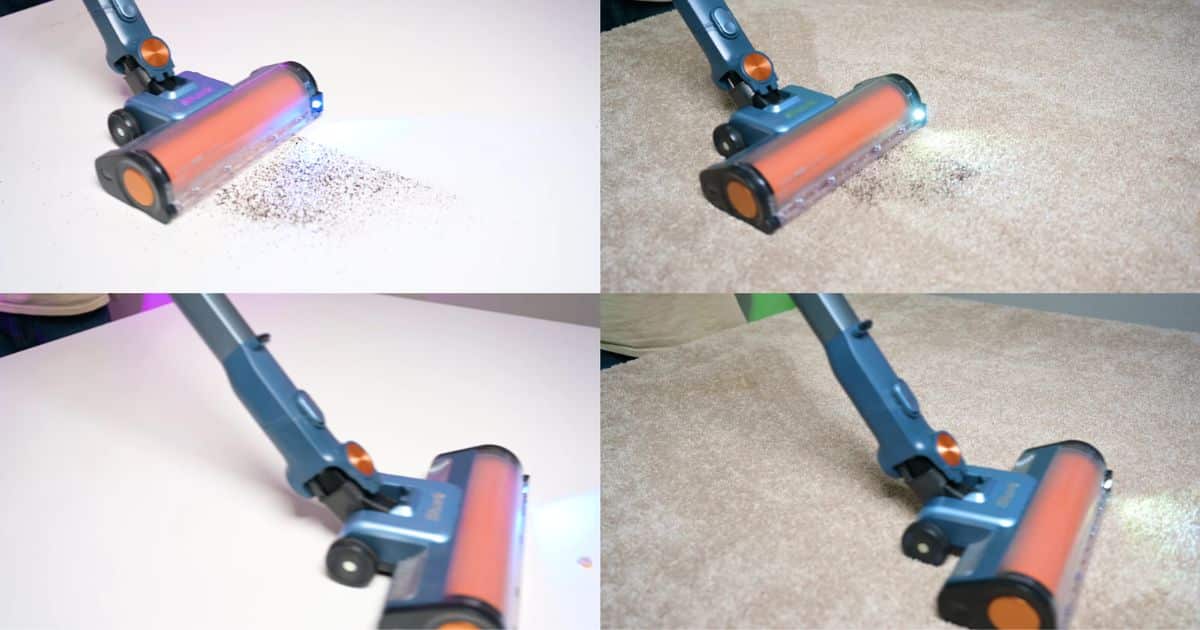 | Vacuum Wars Shark PowerDetect Speed Clean & Empty cordless vacuum picking up debris on hard flooring and carpet during Vacuum Wars testing.