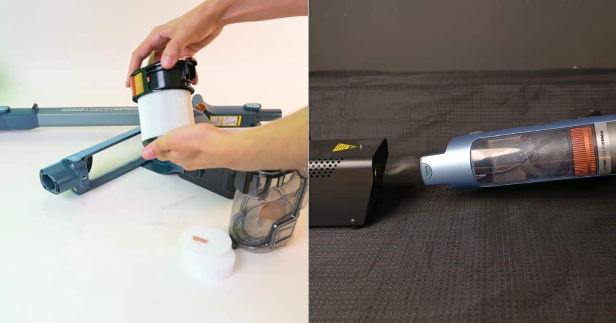 Shark-PowerDetect-Speed-Review-hepa-and-fog-test | Vacuum Wars Split image showing the Shark PowerDetect Speedâs HEPA filter being removed and the vacuum undergoing Vacuum Warsâ fog filtration evaluation.