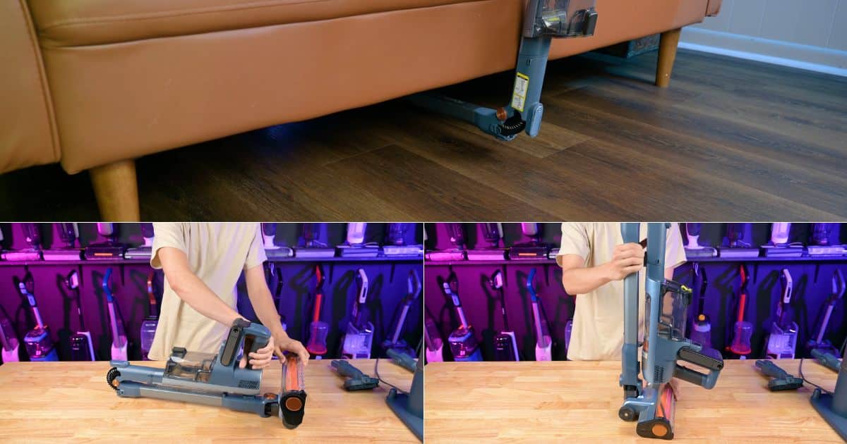 | Vacuum Wars Shark PowerDetect Speed Clean & Empty using its MultiFLEX wand to reach under a sofa, then folding over for compact self-standing storage.