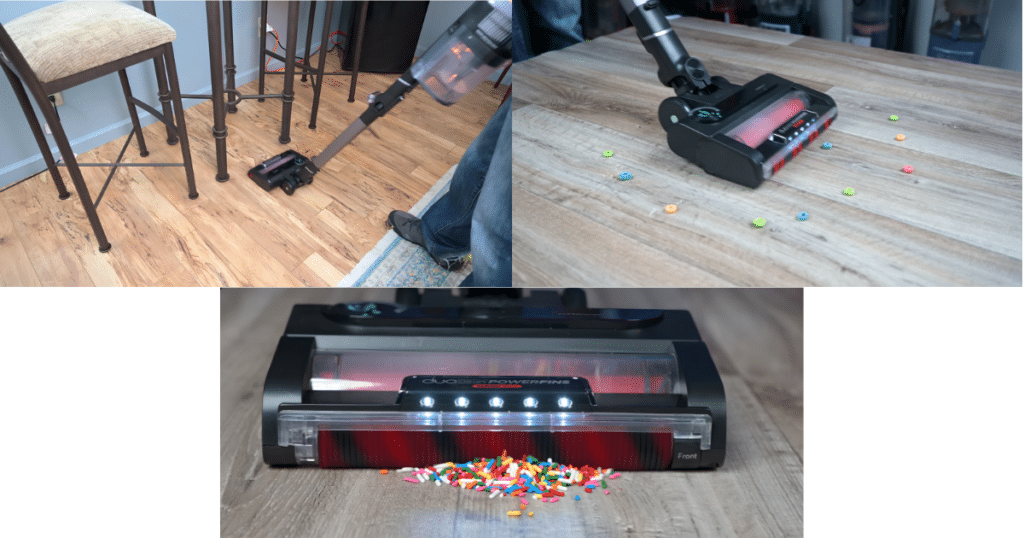 Shark Stratos Cordless Vacuum Hard Floor Vacuuming at Vacuum Wars | Vacuum Wars Three-panel collage showing the Shark Stratos Cordless cleaning hard floors, maneuvering around furniture, picking up small debris, and collecting larger debris with its DuoClean PowerFins floorhead.
