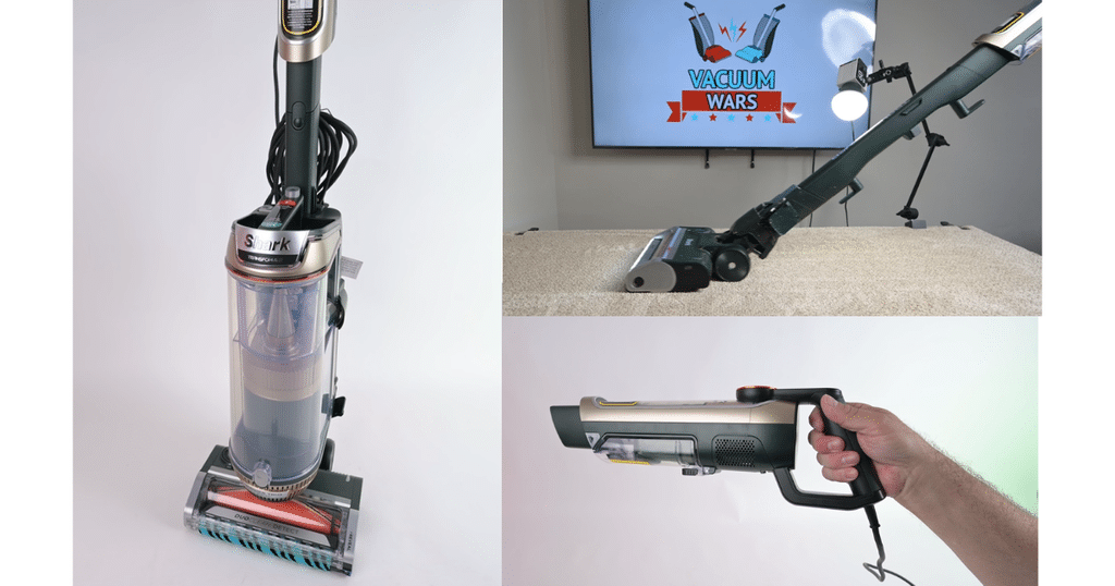 Shark Transformer Vacuum Cleaner three modes at Vacuum Wars | Vacuum Wars Shark PowerDetect Transformer vacuum shown in three operating modes: full upright, handheld unit, and corded stick vacuum.