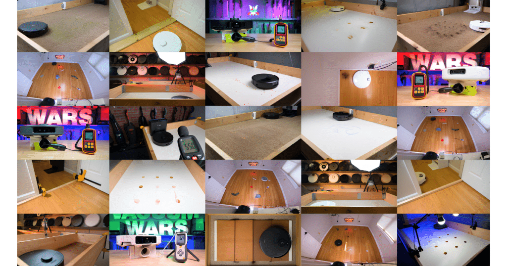 Testing Numerous Robot Vacuums at the Vacuum Wars Studio | Vacuum Wars Collage of Vacuum Wars robot vacuum testing, including carpet cleaning, hard-floor pickup, obstacle avoidance, navigation, noise measurements, and studio evaluations.