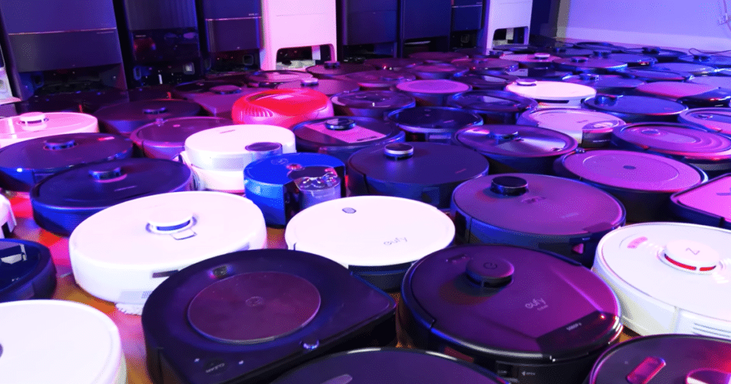 robot vacuums in Vacuum wars studio | Vacuum Wars Dozens of robot vacuums arranged in the Vacuum Wars testing studio, illustrating that previously FCC-authorized models remain legal to own and sell despite new Covered List restrictions.