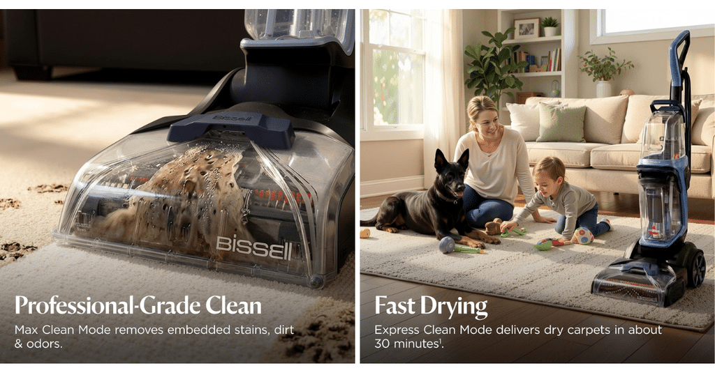Bissell Revolution ExpressClean Cleaning Modes | Vacuum Wars Side-by-side BISSELL images show the Revolution ExpressClean cleaning soiled carpet and standing beside a family and dog, illustrating its Max Clean and Express Clean modes.