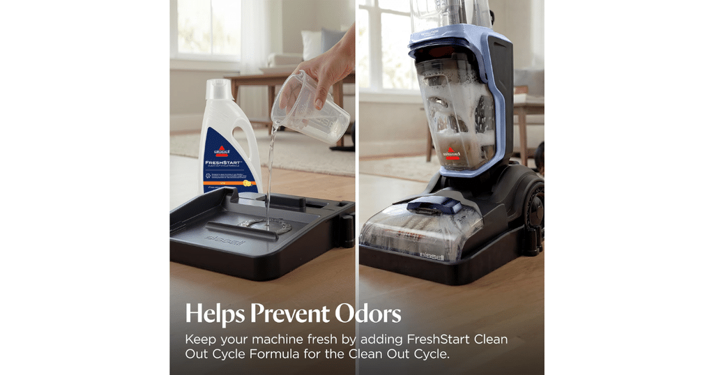 Bissell Revolution ExpressClean Cleaning Tray | Vacuum Wars BISSELL FreshStart solution being poured into the rinse and storage tray beside the Revolution ExpressClean carpet cleaner on the tray.