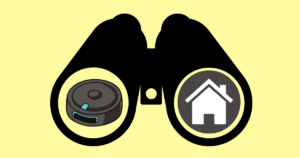 CISA Warns of Security Flaws | Vacuum Wars Illustration of binoculars focused on a robot vacuum and a home, accompanying a story about CISA’s robot vacuum security advisory.