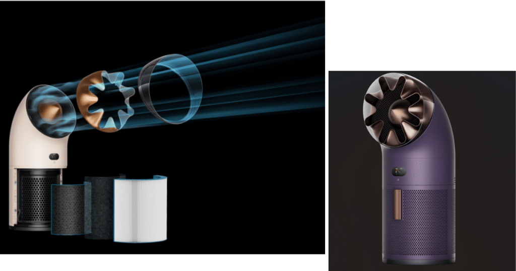 Dyson Air Purifiers | Vacuum Wars Dyson HushJet air purifiers shown alongside an exploded view of the nozzle, internal airflow path, and cylindrical filters.